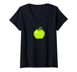 Damen Grüner Apfel Frucht Retro Pixel Lebensmittel T-Shirt mit V-Ausschnitt von es designs