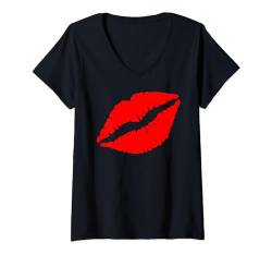 Damen Rote Lippenstift-Lippen T-Shirt mit V-Ausschnitt von es designs