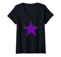 Damen Stern mit Gepardenmuster, Schwarz und Violett T-Shirt mit V-Ausschnitt von es designs