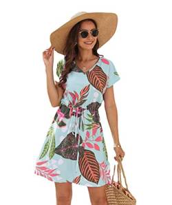 UK Sommerkleider für Damen – Palmblatt-Print Strandkleid, Tunnelzugkleid, Hemdkleid, Flora Shiftkleid, Skaterkleid, Strandvertuschungen, Damen-Sommerkleider, blau, XX-Large von es-uk