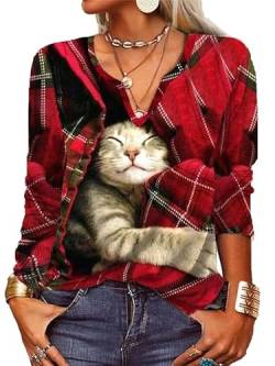 Damen Mode Retro-Stil Lange Ärmel Sweatshirt Damen Niedliche Katze Druck Sweatshirt Damen Plaid Katze Druck V-Ausschnitt Langarm T-Shirt von famesale