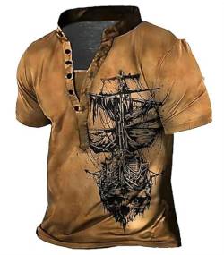 Männer Segelboot Grafik Kurzarm-T-Shirt 3D bedrucktes Casual Henley Shirt Retro Stehkragen Top Taktisches Outdoor-T-Shirt von famesale