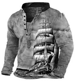 famesale Sweatshirt für Männer im Used-Look Sailboat 3D gedruckt Langarm Pullover Jahrgang Lässiges Sport-T-Shirt Motorrad Biker Pullover Tops von famesale