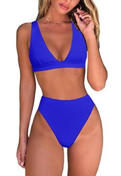 fatty tiger Damen-Bikini-Set, hohe Taille, sexy, brasilianisches Triangel-Oberteil, tiefer V-Ausschnitt, zweiteilig, Badeanzug, königsblau, X-Large von fatty tiger