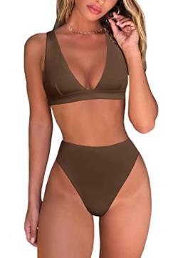 fatty tiger Damen-Bikini-Set mit hoher Taille, sexy, brasilianisches Dreieck-Oberteil, tiefer V-Ausschnitt, zweiteiliger Badeanzug, Braun, Medium von fatty tiger