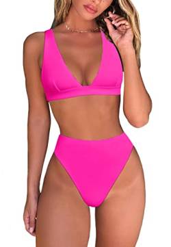 fatty tiger Damen-Bikini-Set mit hoher Taille, sexy brasilianisches Triangel-Top, tiefer V-Ausschnitt, zweiteiliger Badeanzug, rose, Medium von fatty tiger