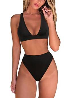 fatty tiger Damen-Bikini-Set mit hoher Taille, sexy brasilianisches Triangel-Top, tiefer V-Ausschnitt, zweiteiliger Badeanzug, schwarz, Medium von fatty tiger