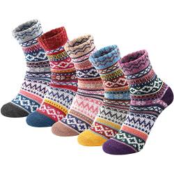 5 Paar Wollsocken - Wollsocken für Damen, gemütliche Crew-Socken, warme Wintersocken für Damen, Vintage-Socken, 39-44, Mehrfarbig: Damen 5-9, 37-42 EU von fauson