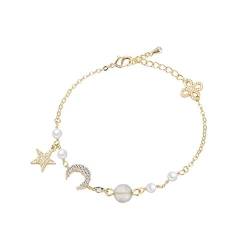 fdsmall Armbänder für Frauen 14K Gold überzogen Einstellbare Runde Perlen Perle Mond und Sterne Stil Kette Armband Armreif Modeschmuck Geschenke für Mädchen von fdsmall