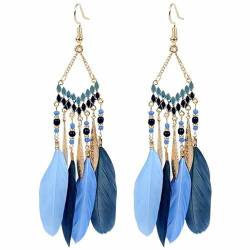 fdsmall Bohemian Feder Ohrringe Frauen Boho Fringe Feder Ohrringe Ethnische lange Tropfen Dangle Ohrringe Bunte Feder Fringe Ohrringe Faux Feder Ohrringe Schmuck Zubehör für Frauen (Blau) von fdsmall