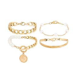 fdsmall Gold Chain Link Armband Set für Frauen 14K Real Gold überzogene Perlenarmband Schlange Armband Paperclip Link Kette Armbänder Stapelbare Gold Armbänder Trendy Schmuck für Frauen (02) von fdsmall