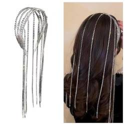 fdsmall Lange Strass Quaste Stirnband 4 Reihen Kristall Haar Reifen mit langen Ketten Funkelnde Haar Kette Mehrschichtige Haar Reifen Elegante Haarnadel Hochzeit Party Haarschmuck Zubehör von fdsmall