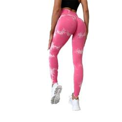 fdsmall Tie Dye Yoga Leggings Nahtlose High Waisted Yoga Hose Bauchkontrolle Butt Lifting Gym Leggings Workout Sport Tights für Gym Outdoor (DE/NL/SE/PL, Bundweite, XS, Slim, Tall, Pink) von fdsmall