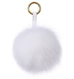 Damen Fuchspelz Pom Pom Ball Echtfell Fell Pelz Bommel Schlüsselanhänger Taschenanhänger Schlüssel- Taschen- Fellanhänger Pelz-Anhänger für Handtaschen, Rückspiegel im Auto (Weiß) von feifanshop