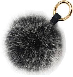 Damen Fuchspelz Pom Pom Ball Echtfell Fell Pelz Bommel Schlüsselanhänger Taschenanhänger Schlüssel- Taschen- Fellanhänger Pelz-Anhänger für Handtaschen, Rückspiegel im Auto (schwarz mit weißer Spitze) von feifanshop