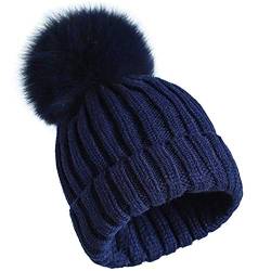 feifanshop Damen Echtfell Fuchspelz Fell Pelz Bommel Strick Mütze Winter-Mütze Bommelmütze (Navy blau) von feifanshop