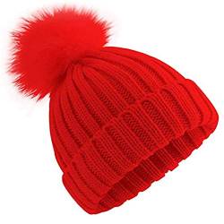 feifanshop Damen Echtfell Fuchspelz Fell Pelz Bommel Strick Mütze Winter-Mütze Bommelmütze (Rot) von feifanshop