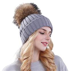 feifanshop Damen Echtfell Waschbär Fell Pelz Bommel Strick Mütze Winter-Mütze Bommelmütze von feifanshop