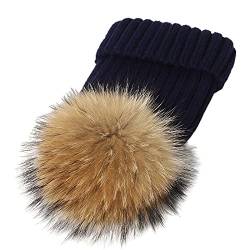 feifanshop Damen Echtfell Waschbär Fell Pelz Bommel Strick Mütze Winter-Mütze Bommelmütze von feifanshop