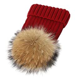 feifanshop Damen Echtfell Waschbär Fell Pelz Bommel Strick Mütze Winter-Mütze Bommelmütze von feifanshop