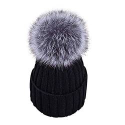 feifanshop Damen Mütze Strickmütze mit Fellbommel Fuchspelz Echtfell Fell Pelz Bommel Strick Mütze Winter-Mütze Bommelmütze (schwarz) von feifanshop