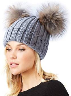 feifanshop Damen Wintermützen Strickmütze Echtfell Waschbär Fell Pelz Bommel Mütze Bommelmütze Beanie Warme Cap Grau von feifanshop