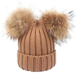 feifanshop Damen Wintermützen Strickmütze Echtfell Waschbär Fell Pelz Bommel Mütze Bommelmütze Beanie Warme Cap Khaki von feifanshop