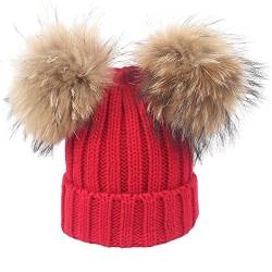 feifanshop Damen Wintermützen Strickmütze Echtfell Waschbär Fell Pelz Bommel Mütze Bommelmütze Beanie Warme Cap Rot von feifanshop