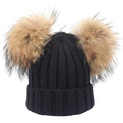 feifanshop Damen Wintermützen Strickmütze Echtfell Waschbär Fell Pelz Bommel Mütze Bommelmütze Beanie Warme Cap Schwarz von feifanshop