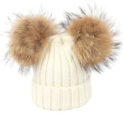 feifanshop Damen Wintermützen Strickmütze Echtfell Waschbär Fell Pelz Bommel Mütze Bommelmütze Beanie Warme Cap Weiß von feifanshop