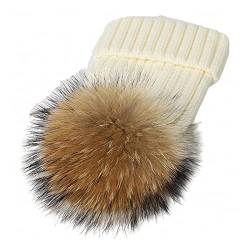 feifanshop Warm Mütze Pelz Bommel Echtpelz Waschbär Ski-Mütze Fellbommel Pelzbommel Raccoon (Weiß) von feifanshop