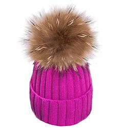 feifanshop Warm Mütze Pelz Bommel Echtpelz Waschbär Ski-Mütze Fellbommel Pelzbommel Raccoon (hot pink) von feifanshop