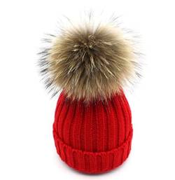 feifanshop Warm Mütze Pelz Bommel Echtpelz Waschbär Ski-Mütze Fellbommel Pelzbommel Raccoon (rot) von feifanshop