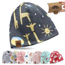 fenchi's AUSTRIA Kinder Beanie Mütze mit süßen Motiven und Geschenkverpackung, Regenbogen Leder Label, Baumwolle (DE/NL/SE/PL, Alter, Einheitsgröße, Blau_Giraffe) von fenchi's AUSTRIA
