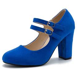 Damen Mary Jane Kleid Schuhe Doppelriemen Geschlossene Runde Zehenblock High Heel Pumps, Wildleder Königsblau, 38 EU von fereshte