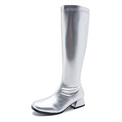 GOGO Stiefel für Damen, kniehohe Stiefel, niedriger Blockabsatz, Reißverschluss, Party, Tanzschuhe, silber, 38.5 EU von fereshte