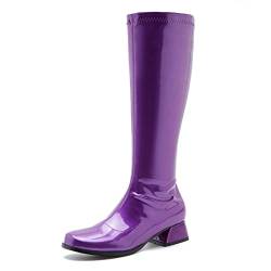 GOGO Stiefel für Damen, kniehohe Stiefel, niedriger klobiger Absatz, Reißverschluss, Stiefel für Damen, Party, Tanzschuhe, breite Wade, violett, 38.5 EU von fereshte