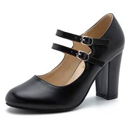 Mary Jane Dress Shoes Double Strap Closed Round Toe Block High Heel Pumps, matte black, 44 EU von fereshte