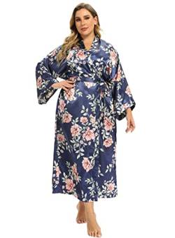 feslieacc Damen Blumen Lange Satin Bademäntel Übergröße Lange Seide Bademäntel Pfau Blumen Kimonos Nachtwäsche Morgenmantel, Blumenmuster | Marineblau, 4XL/5XL von feslieacc