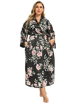 feslieacc Damen Blumen Lange Satin Bademäntel Übergröße Lange Seide Bademäntel Pfau Blumen Kimonos Nachtwäsche Morgenmantel, Blumenmuster | Schwarz, XXL/3XL von feslieacc