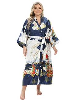 feslieacc Damen Blumen Lange Satin Bademäntel Übergröße Lange Seide Bademäntel Pfau Blumen Kimonos Nachtwäsche Morgenmantel, Muster | Marineblau, XXL/3XL von feslieacc