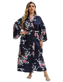 feslieacc Damen Blumen Lange Satin Bademäntel Übergröße Lange Seide Bademäntel Pfau Blumen Kimonos Nachtwäsche Morgenmantel, Pfau | Marineblau, Einheitsgröße von feslieacc