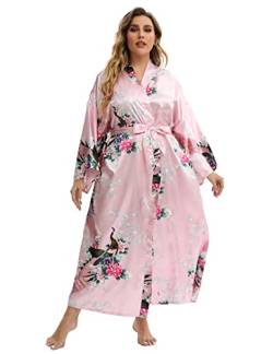 feslieacc Damen Blumen Lange Satin Bademäntel Übergröße Lange Seide Bademäntel Pfau Blumen Kimonos Nachtwäsche Morgenmantel, Pfau | Pink, 4XL/5XL von feslieacc