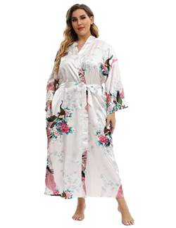 feslieacc Damen Blumen Lange Satin Roben Übergröße Lange Seide Roben Pfau Floral Kimono Nachtwäsche Morgenmantel, Pfau | Weiß, 4XL/5XL von feslieacc