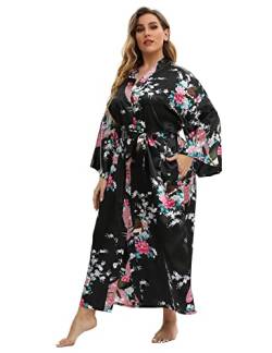 feslieacc Damen Floral Lange Satin Roben Plus Size Lange Seide Roben Pfau Floral Kimonos Nachtwäsche Morgenmantel, Pfau | Schwarz, XXL/3XL von feslieacc