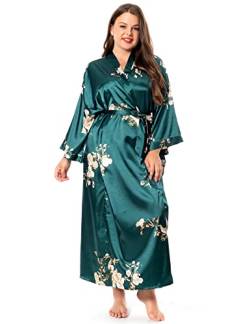 feslieacc Damen Plus Size Lange Satin Bademäntel Übergröße Lange Seide Bademäntel Kimonos Nachtwäsche Morgenmantel, Vogel/Dunkelgrün, XXL/3XL von feslieacc