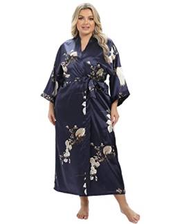 feslieacc Damen Plus Size Lange Satin Bademäntel Übergröße Lange Seide Bademäntel Kimonos Nachtwäsche Morgenmantel, Vogel/Marineblau, XXL/3XL von feslieacc