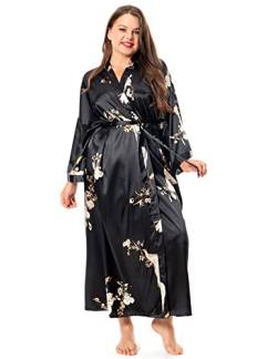 feslieacc Damen Plus Size Lange Satin Bademäntel Übergröße Lange Seide Bademäntel Kimonos Nachtwäsche Morgenmantel, Vogel/Schwarz, 4XL/5XL von feslieacc