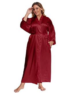 feslieacc Damen Plus Size Lange Satin Bademäntel Übergröße Lange Seide Bademäntel Kimonos Nachtwäsche Morgenmantel, Wein, XXL/3XL von feslieacc