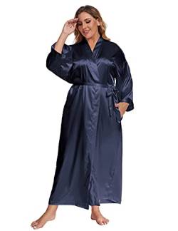 feslieacc Damen Plus Size Lange Satin Bademäntel Übergröße Lange Seide Bademäntel Kimonos Nachtwäsche Morgenmantel, navy, 4XL/5XL von feslieacc